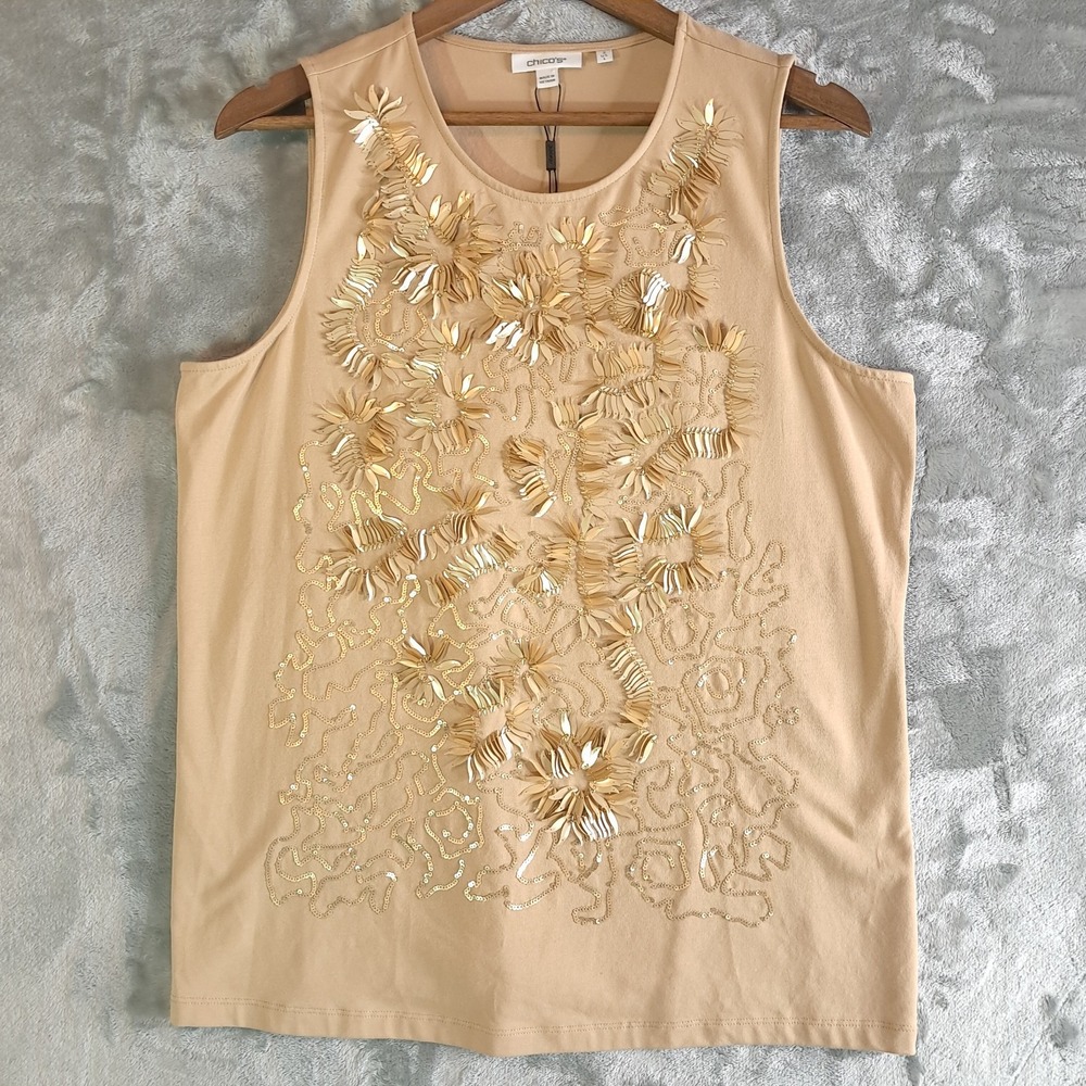 Chico's Knit Halter Tank Sequin Beaded Gold Tan Chico's Size 2 US (12-14)